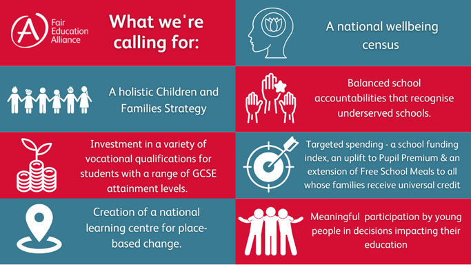 What the FEA are calling for: A national wellbeing census; A holistic Children and Families strategy; Balanced school accoutnabilities that recognise underserved school; Investment in a variety of vocational qualifications for students with a range of GCSE attainment levels; Targeted spending - a school funding index, an uplift to Pupil Premium & an extension of Free School Meals to all families who recieve universal credit; Creation of a national learning centre for place-based change; Meaningful participation by young people in decisions impacting their education.