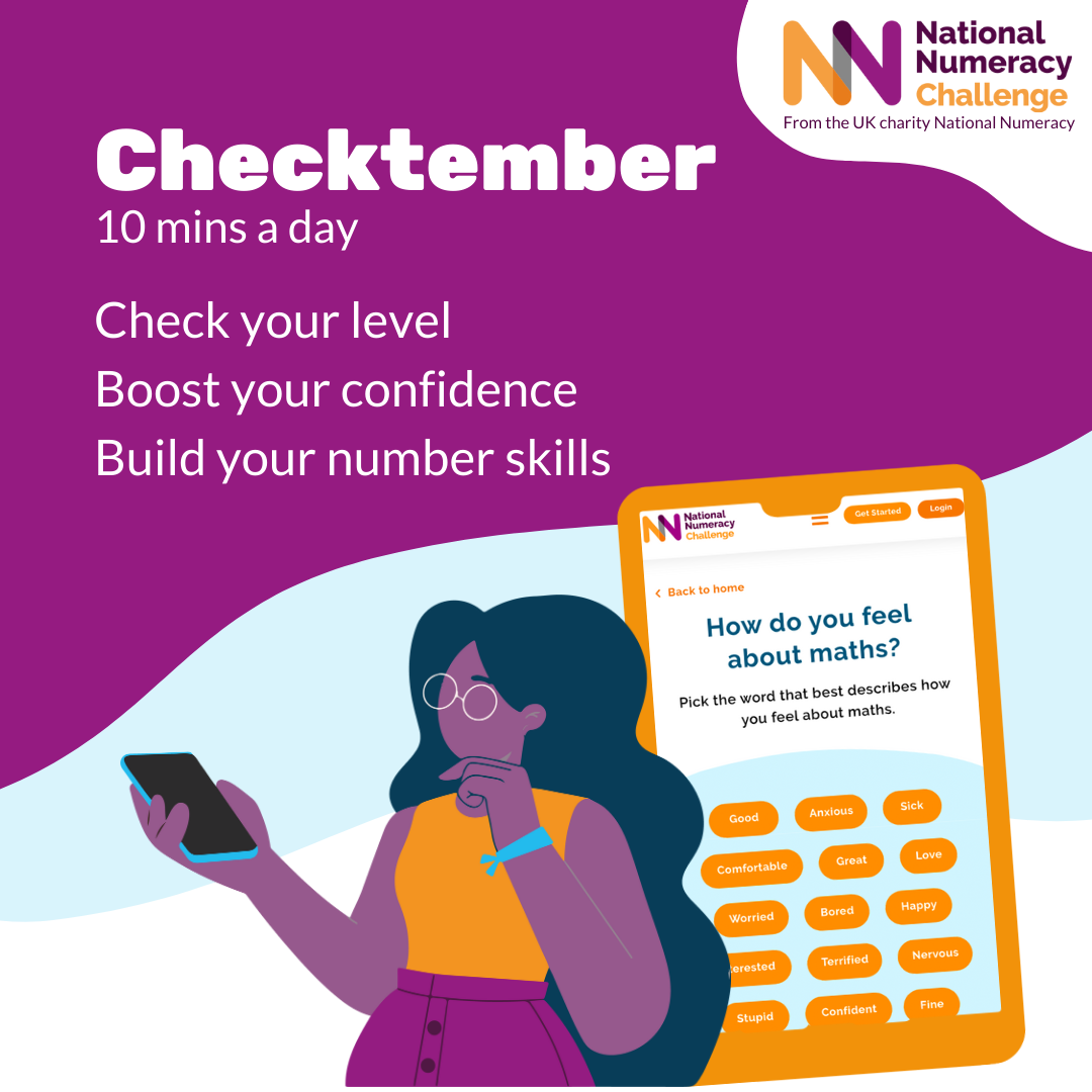 Checktember graphic: "10 mins a day, Check your level, Boost your confidence, Build your numbers skills"