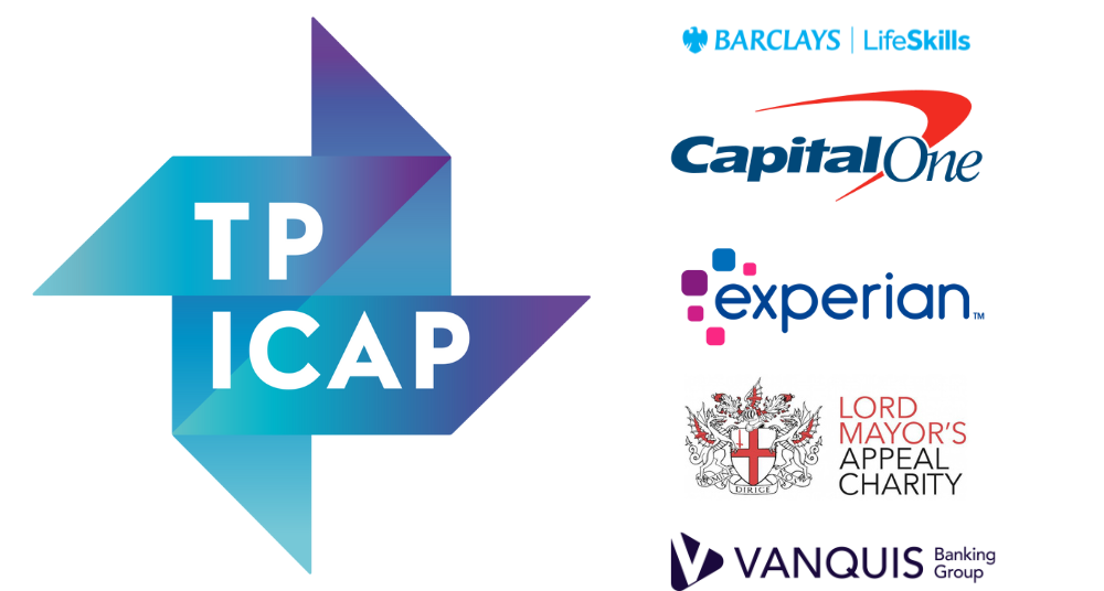 Logos for TP ICAP, Barclays LifeSkills, Capital One, Experian, the Lord Mayor's Appeal Charity, and Vanquis Banking Group