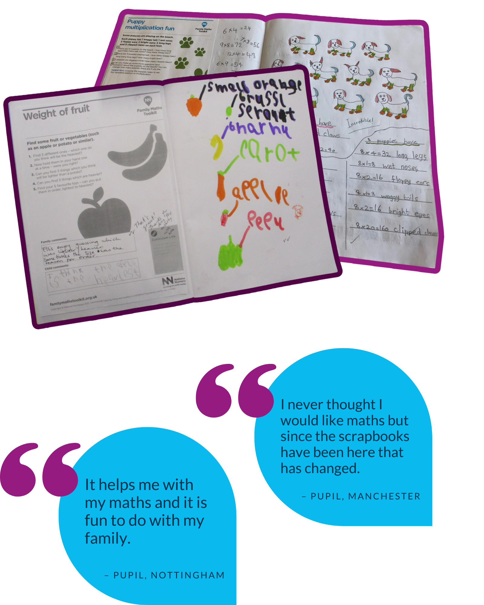 Photos of scrapbook work with quotes from pupils saying "I never thought I would like maths but since the scrapbooks have been here that has changed." and "It helps me with my maths and it is fun to do with my family."