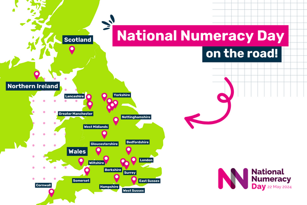 A graphic showing a map of the UK and text saying "National Numeracy Day on the road!"