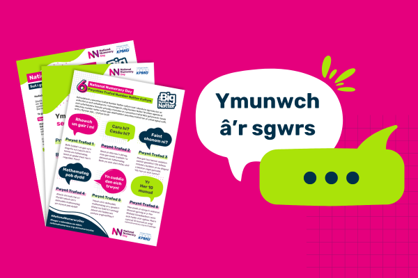 Image of resources with a speech bubble saying "Ymunwch â’r sgwrs"